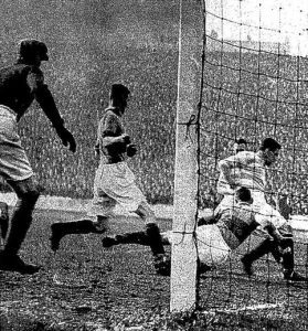 McGrory slots the ball home in the Scottish Cup Final as the Motherwell defence try in vain to stop him.