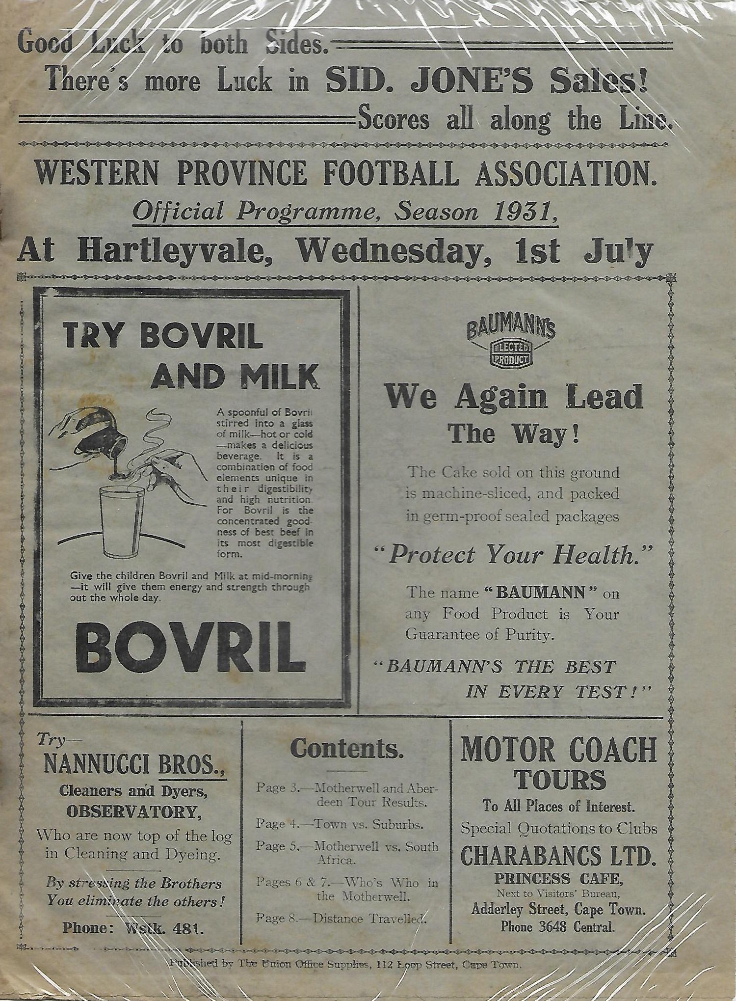 Progrmme South Africa Tour 1931 v South Africa at Western Province 1st July