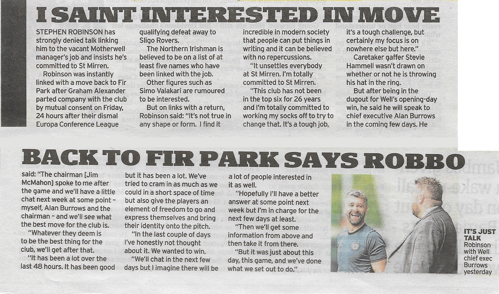 Newspaper Article about Stephen Robinson being linked to Motherwell vacancy