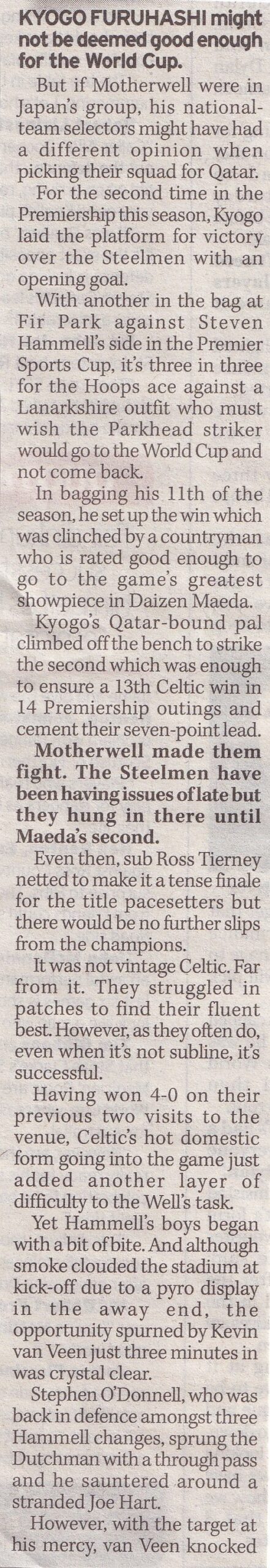 Motherwell vs Celtic Newspaper Match Report