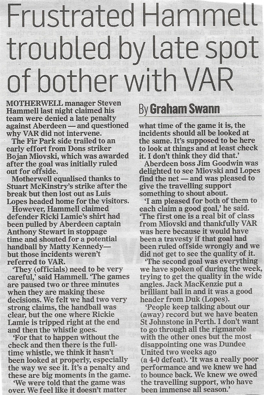versus Aberdeen Newspaper Match Report - Stevie Hammell on VAR
