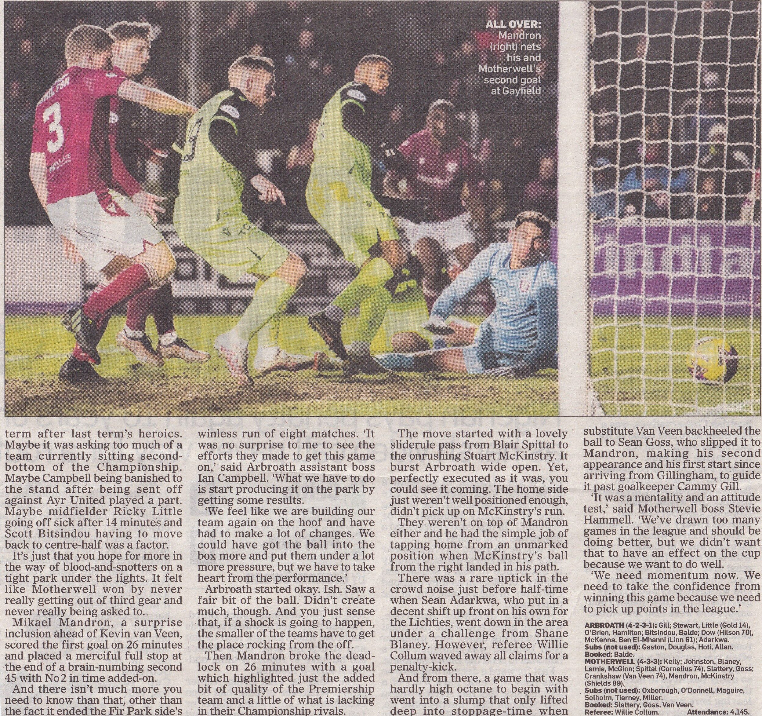 Motherwell versus Arbroath Newspaper Match Report