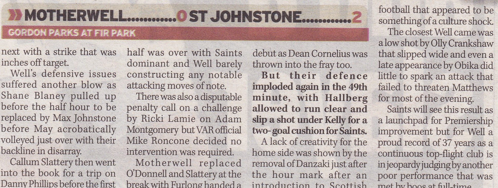 Motherwell versus St Johnstone Newspaper Match Report