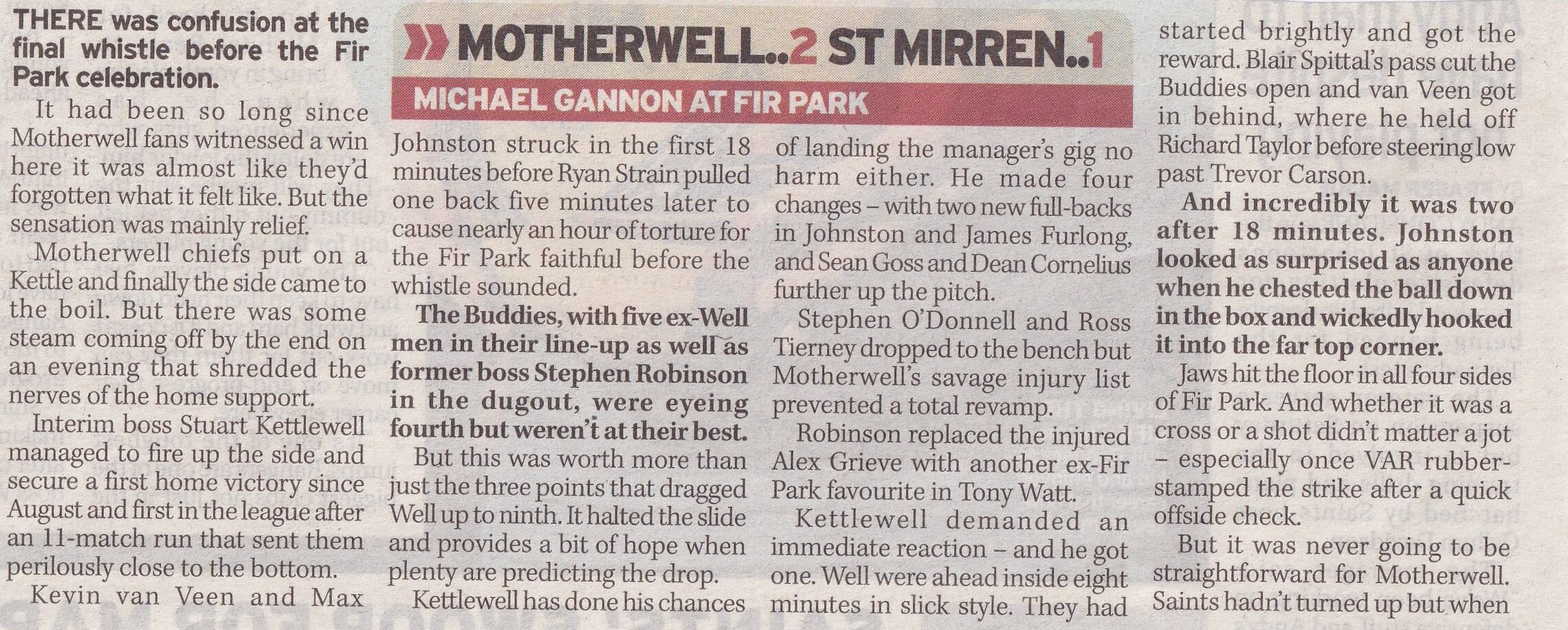 Motherwell versus St Mirren Newspaper Match Report