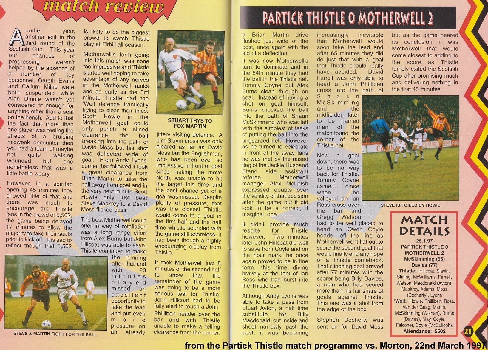 Partick Thistle versus Motherwell Match Report taken from Thistle Programme