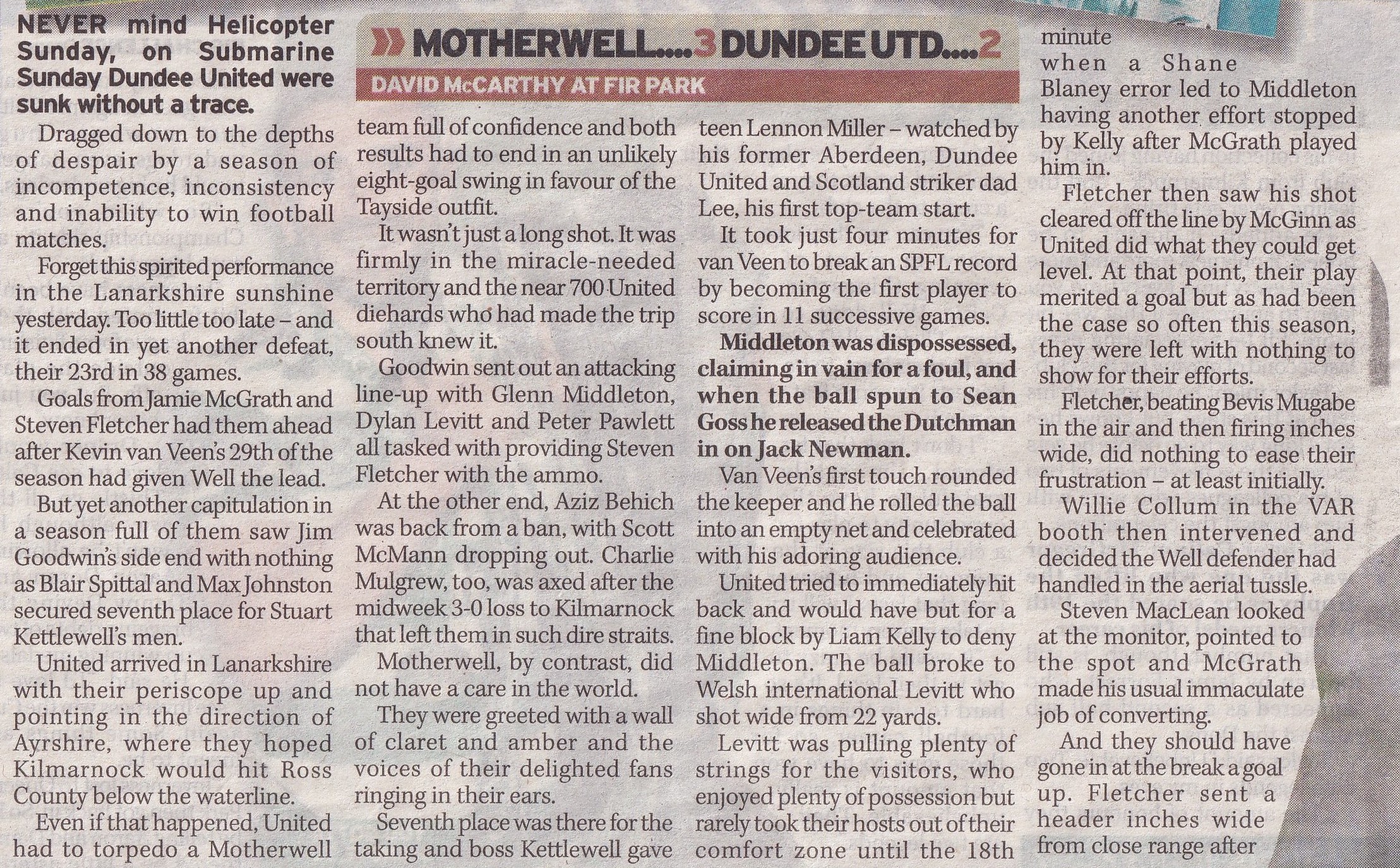 Motherwell versus Dundee United Tabloid Match Report