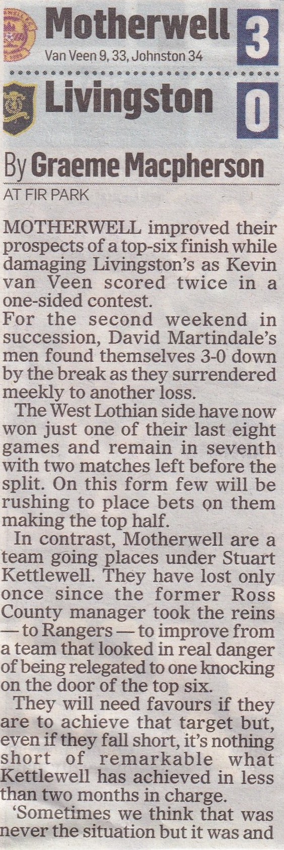 Motherwell versus Livingston Taboid Match Report