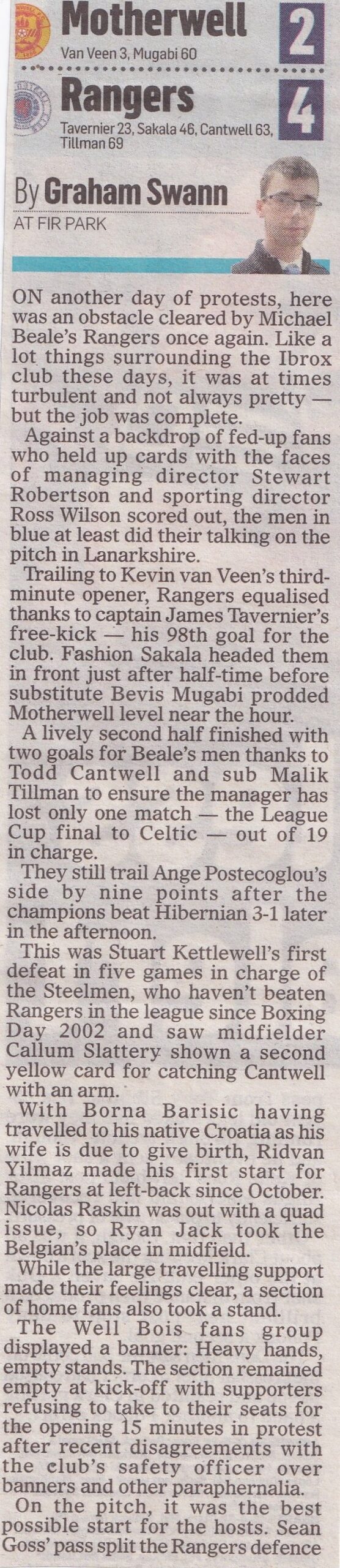 Motherwell versus Rangers Match Report from Tabloids