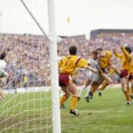 Brave as a Lion - young Phil O'Donnell bravely puts his body on the line and sends a header past the despairing Alan Main