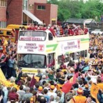 The open top bus sets off to tour the town after the 1991 Scottish Cup win.