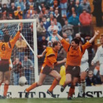 Stevie Kirk, Jim Griffin and Chris McCart celebrate the winning goal.
